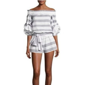 Alexis Striped Off-the-Shoulder Belted Short Romper Gray/White Women's Size S